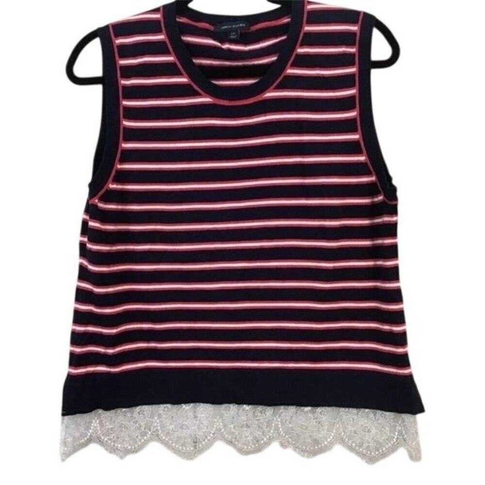 Tommy Hilfiger Size L Sleeveless Navy Red Striped Knit Top Lace Hem Nautical